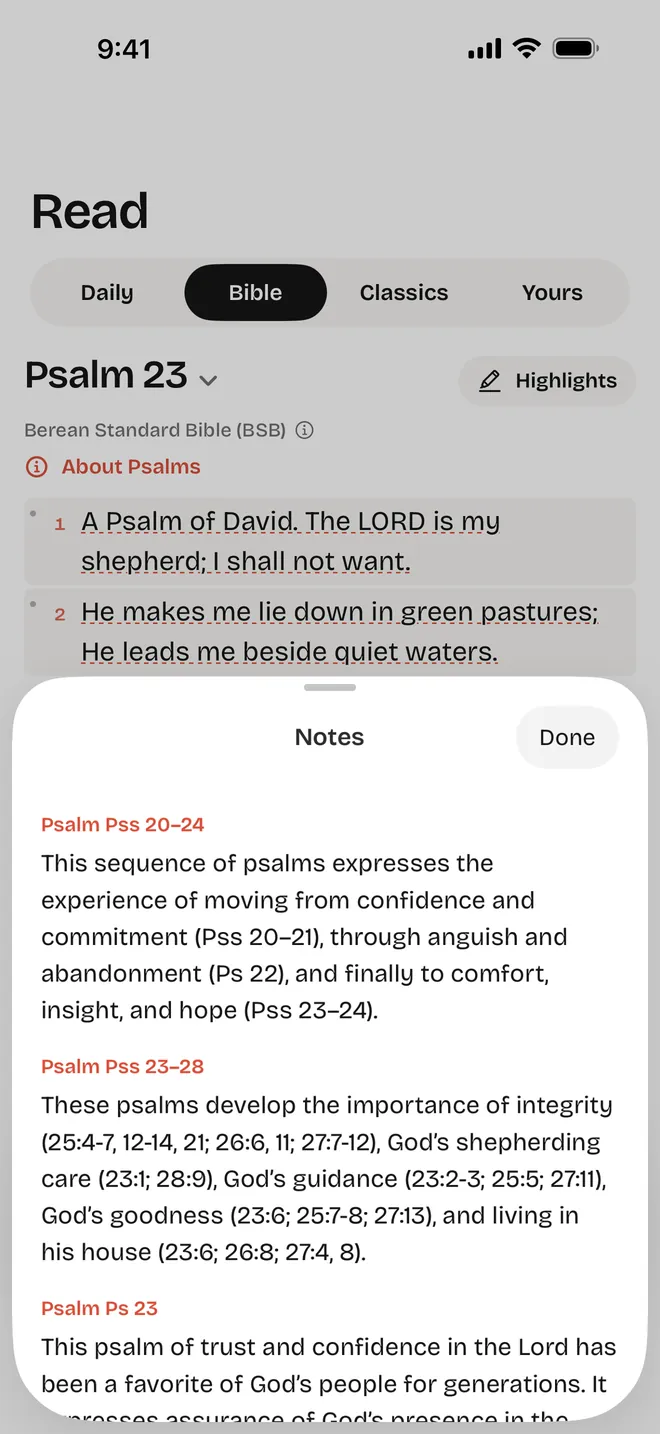 Psalm 23 in the Berean Standard Bible with study notes open.