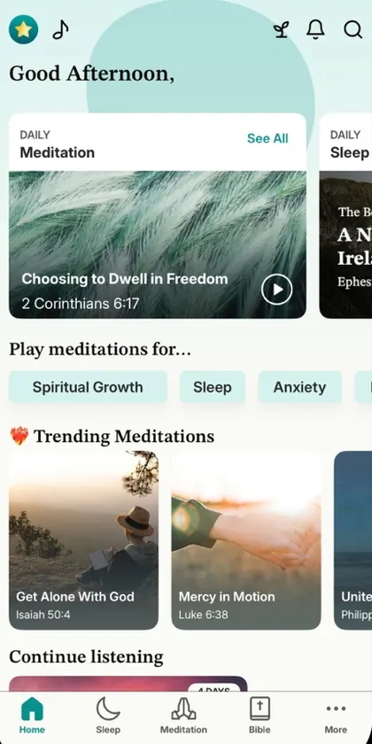 Abide's home screen, from its App Store listing: ‘Good Afternoon’, a daily meditation on 2 Corinthians 6:17, topics such as Spiritual Growth, Sleep and Anxiety, and trending meditations.