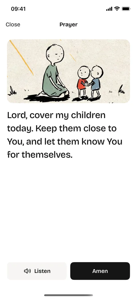 Mutter's prayer screen: a hand-drawn picture of a parent kneeling by two children, a short prayer for them in full, and buttons to listen or say Amen.