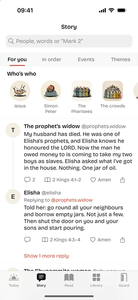 Mutter's Story tab: the Bible told as a timeline of posts, with a row of people at the top.