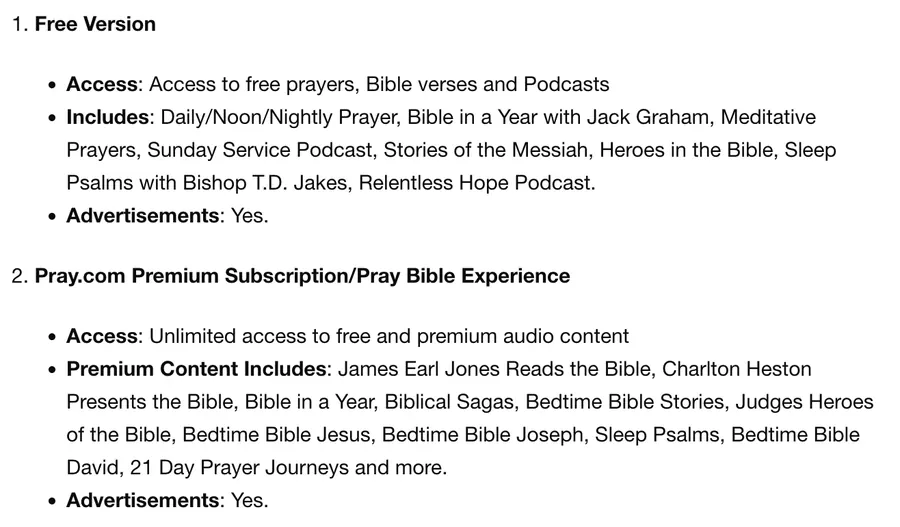 Pray.com's help centre: the Free Version and the Premium Subscription both list ‘Advertisements: Yes.’
