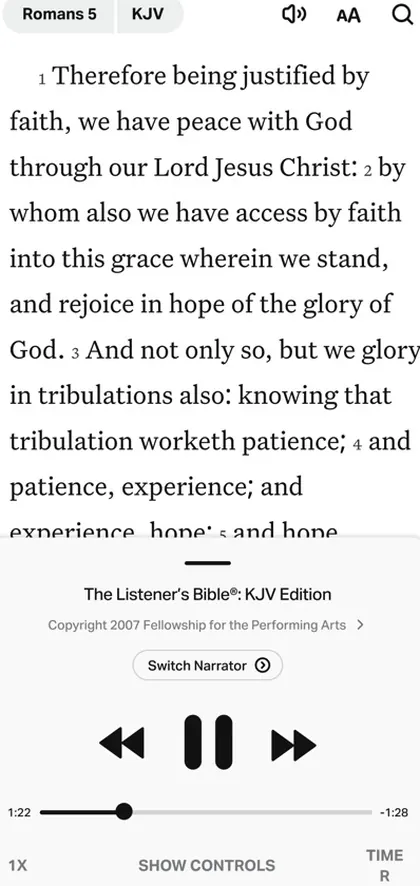 YouVersion's audio Bible screen, from its App Store listing: Romans 5 in the KJV with playback controls for The Listener's Bible.