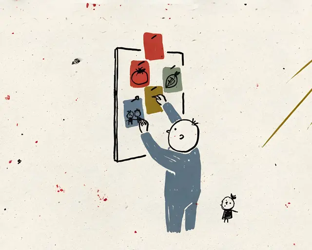 A paper-and-ink drawing of a person pinning coloured prayer cards to a board.