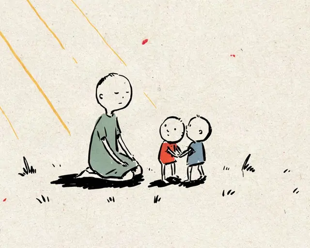 A hand-drawn parent kneeling in prayer beside two small children.